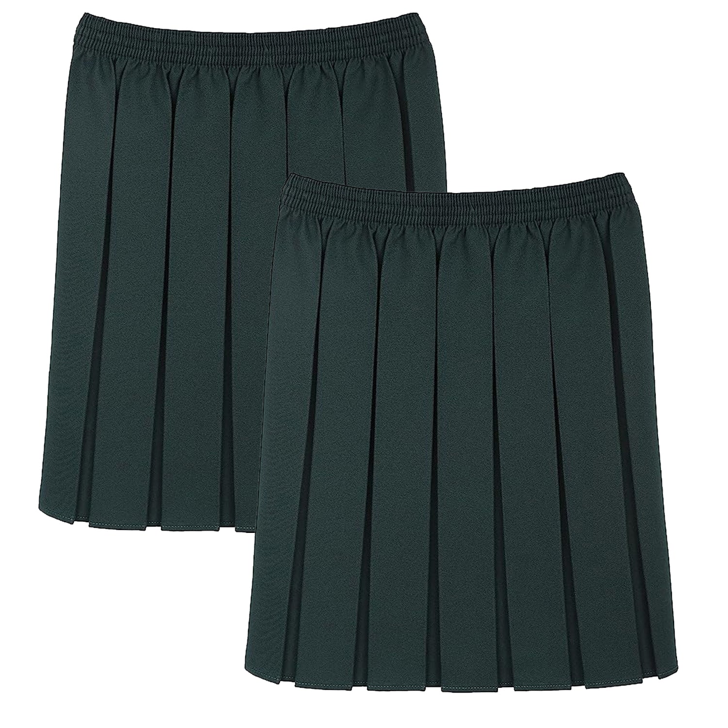 Two green pleated skirts on a white background
