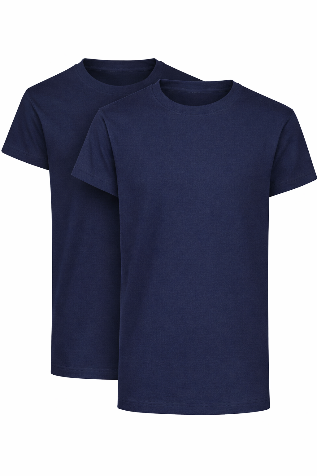 Two navy blue t-shirts on a white background