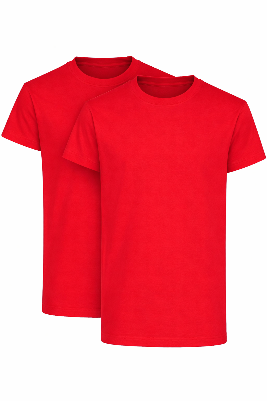Two red t-shirts on a white background