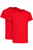 Two red t-shirts on a white background