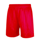 Red kids PE shorts with shadow stripe design front view


