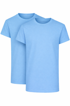 Two sky blue t-shirts on a white background